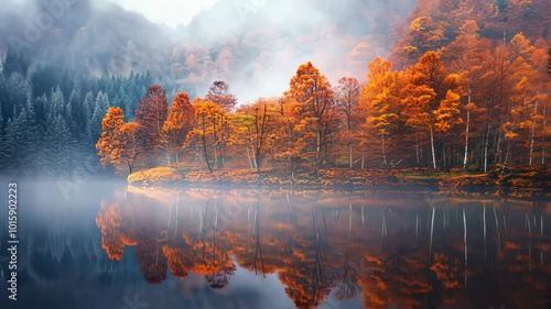 Serene autumn landscape with vibrant orange trees reflecting in calm waters. photo