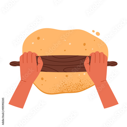  The process of hands rolling dough with a rolling pin. Homemade baked goods and pizza making. Kneading pastry concept. Isolated vector illustration in cartoon style