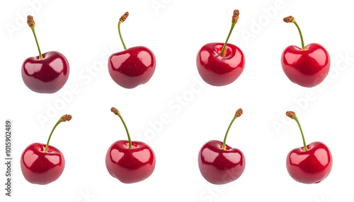 Collection of set red cherries isolated on transparent background. PNG file, cut out