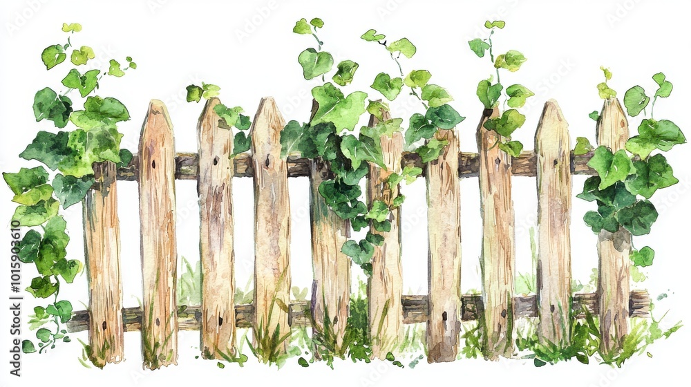Obraz premium A charming watercolor illustration of a rustic wooden fence adorned with vibrant green vines and lush grass.