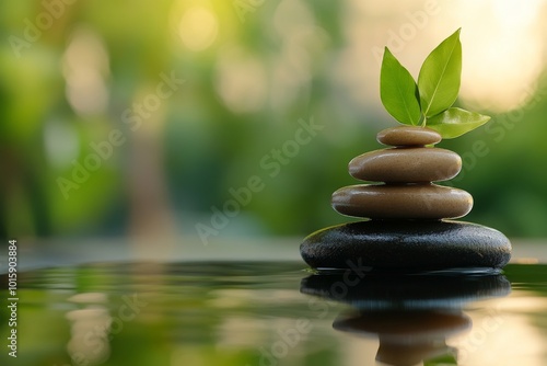 Balanced stones with green leaves on water surface, serene natural setting.