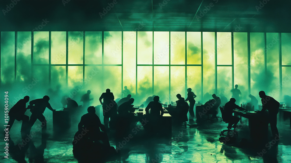 Office space with people working in dramatic green atmosphere Office space with people working in dramatic green atmosphere