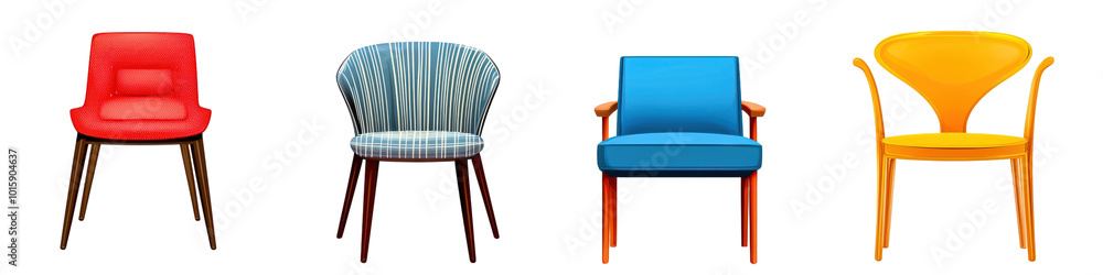 Colorful collection of modern chairs on a white background, showcasing vibrant designs and styles for home decor. transparent background Colorful collection of modern chairs on a white background, showcasing vibrant designs and styles for home decor. transparent background