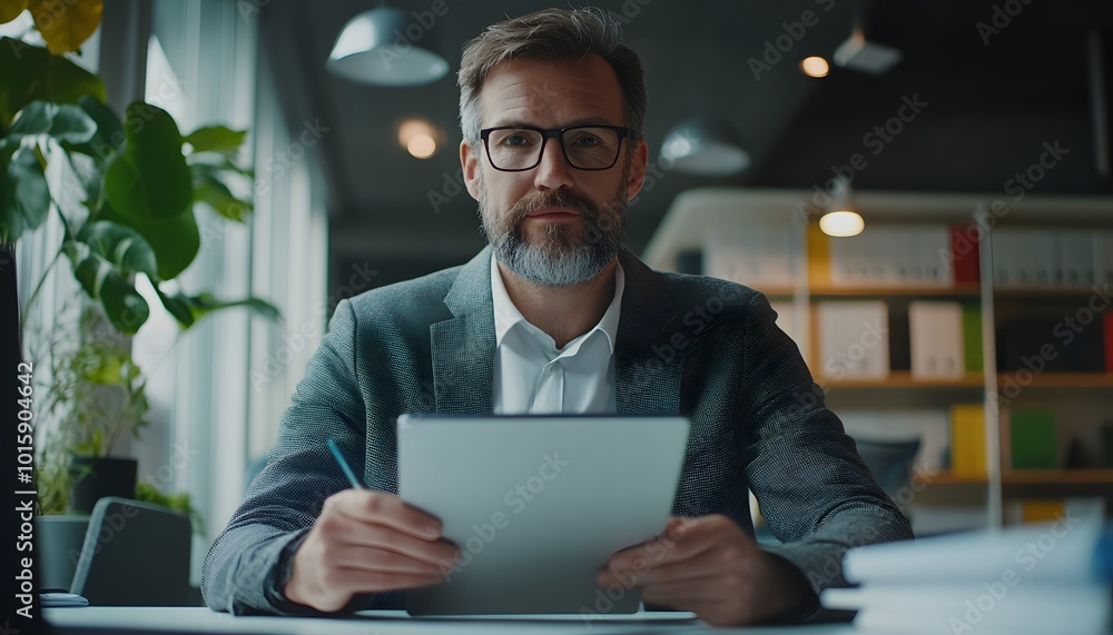 A middle-aged man in a suit and glasses, looking at the camera, holding a tablet and pen in his hands A middle-aged man in a suit and glasses, looking at the camera, holding a tablet and pen in his hands