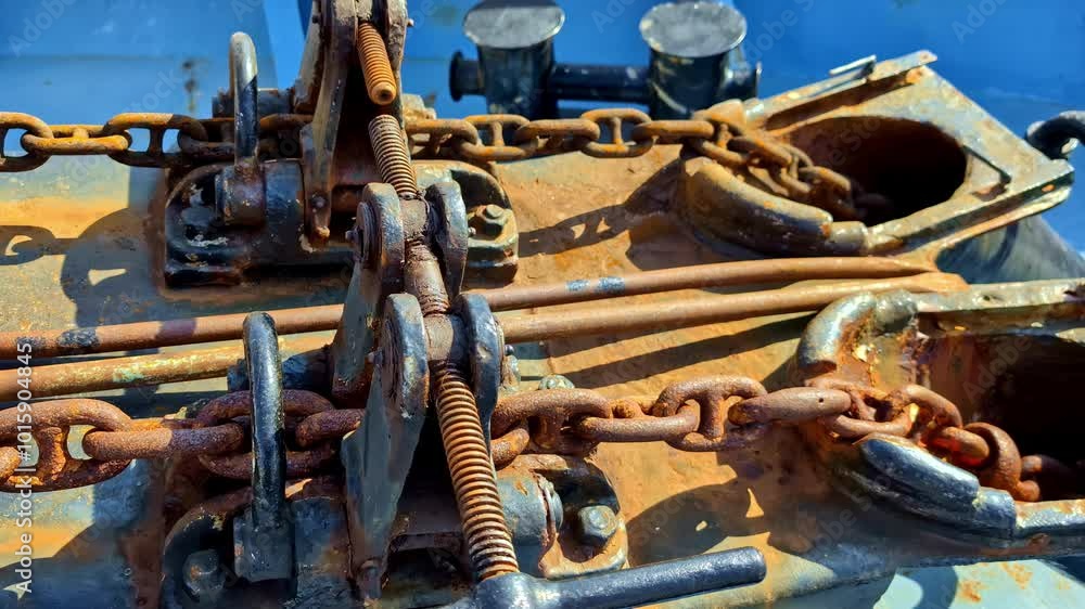 Rusty anchor chains and gears on a boat deck in the sunlight, showcasing marine equipment details Rusty anchor chains and gears on a boat deck in the sunlight, showcasing marine equipment details
