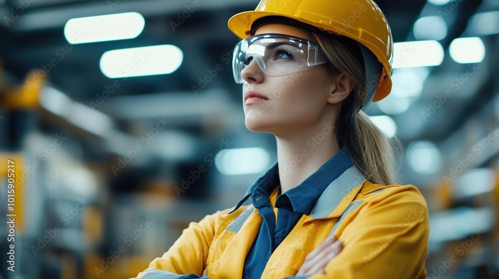 A confident female engineer in a factory setting, wearing a safety helmet and glasses, embodies professionalism and innovation in the automotive industry. A confident female engineer in a factory setting, wearing a safety helmet and glasses, embodies professionalism and innovation in the automotive industry.