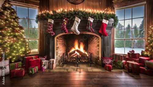 Cozy Fireplace with Christmas Stockings