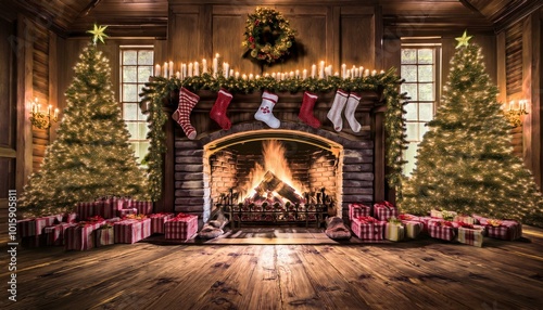 Cozy Fireplace with Christmas Stockings