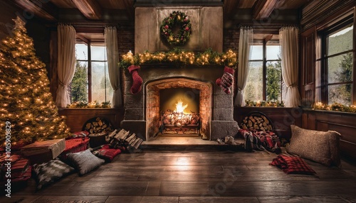Cozy Fireplace with Christmas Stockings