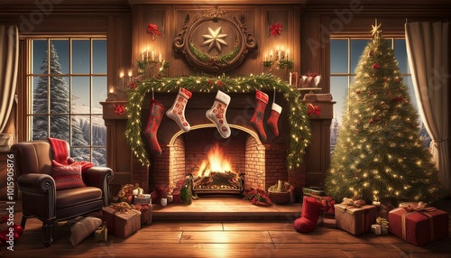 Cozy Fireplace with Christmas Stockings