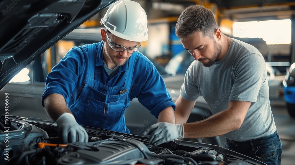 Two automotive mechanics collaborate to repair a vehicle engine in a well-equipped workshop, showcasing teamwork and technical expertise in the automotive industry. Two automotive mechanics collaborate to repair a vehicle engine in a well-equipped workshop, showcasing teamwork and technical expertise in the automotive industry.