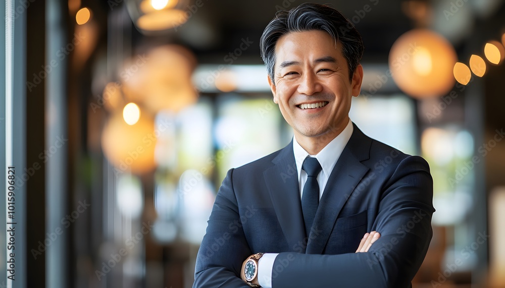 A Smiling Man in a Suit with Arms Crossed, Posing Against a Blurred Background A Smiling Man in a Suit with Arms Crossed, Posing Against a Blurred Background