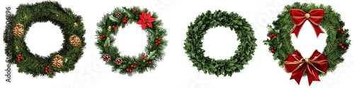 Four festive wreaths showcasing holiday decorations and natural elements on a white isolated background. transparent background