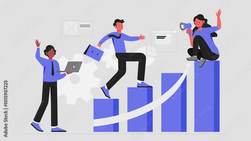 4k animation of business profit growth, confident smart businessmen and women moving up the bar graph with a rising arrow as a ladder of success. 4k animation of business profit growth, confident smart businessmen and women moving up the bar graph with a rising arrow as a ladder of success.