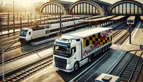 White semi-truck with an Maryland flag trailer parked at a busy train station, illustrating the integration of road and rail transport. Ideal for logistics and intermodal transportation