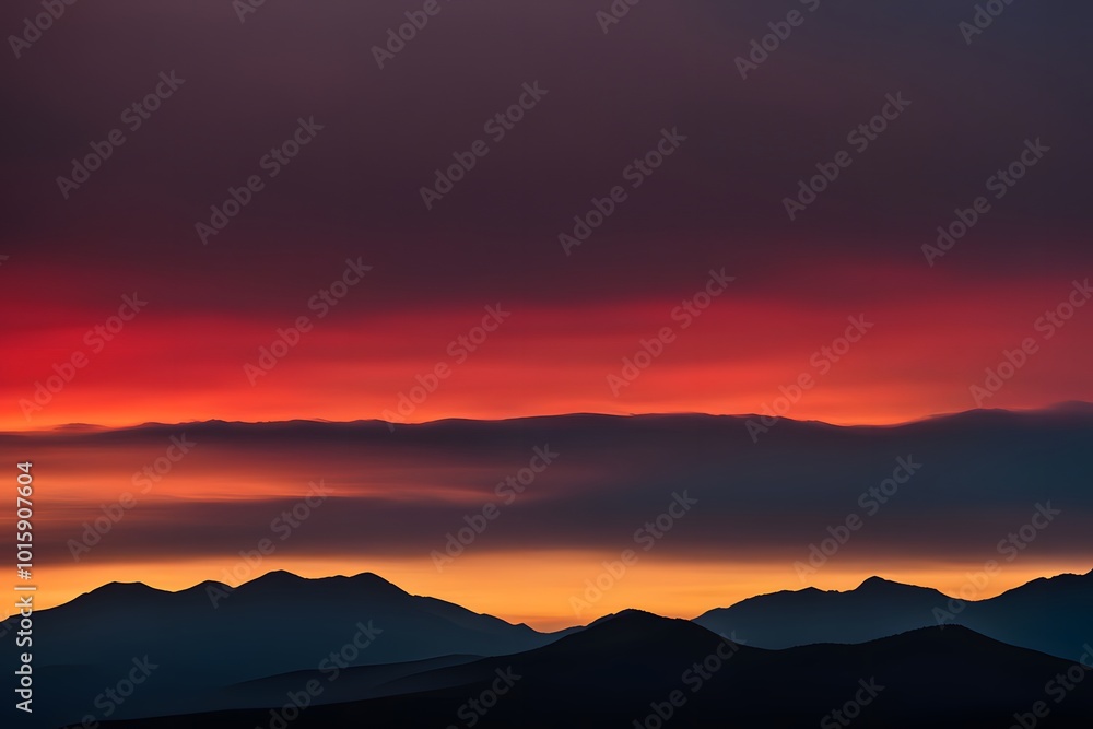 A silhouette of rolling mountains with a vibrant red and yellow dawn breaking, AI Generated A silhouette of rolling mountains with a vibrant red and yellow dawn breaking, AI Generated