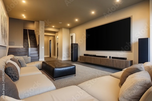 blank tv screen mock up with audio set in homy modern living room by generative ai photo