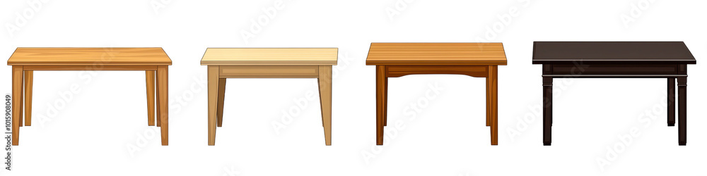 Four wooden tables in various colors on a white isolated background. transparent background Four wooden tables in various colors on a white isolated background. transparent background