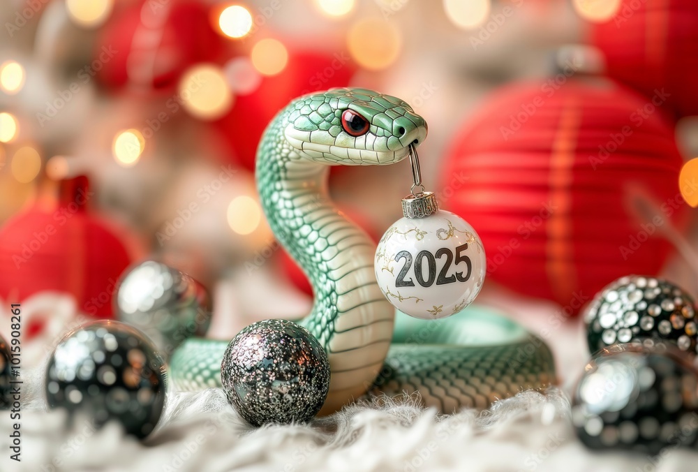 A green snake with bright red eyes holds a Christmas ornament with the year 2025 on it. A green snake with bright red eyes holds a Christmas ornament with the year 2025 on it.