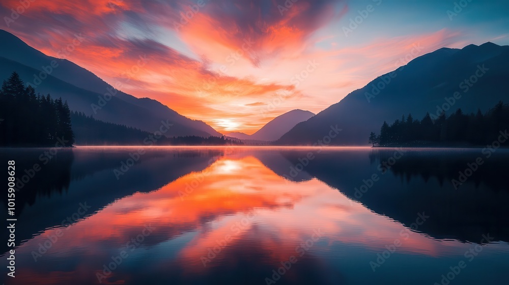 Fototapeta premium Sunset wallpaper showing beautiful, colorful sunset over a lake with mountains in the background