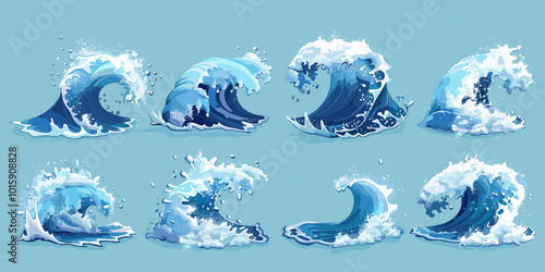Set of blue ocean waves with splashes and drops. Vector illustration