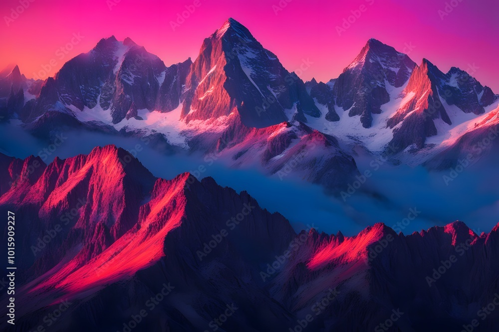 Obraz premium Dark mountain peaks with a background of vibrant pinks and oranges fading into blue, Ai Generated