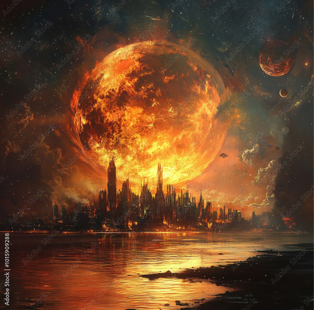 A fire planet and a water planet and a moon and the moon as a city wrapped around it A fire planet and a water planet and a moon and the moon as a city wrapped around it