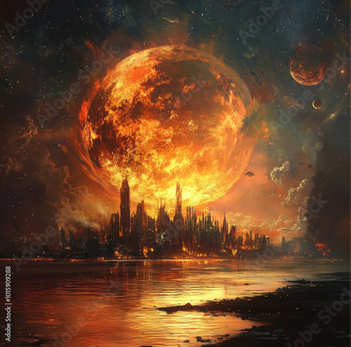 A fire planet and a water planet and a moon and the moon as a city wrapped around it