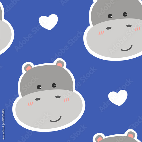 baby cute cartoon hippopotamus with little heart seamless pattern