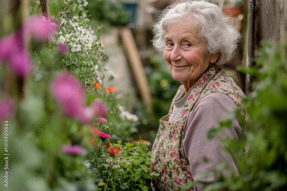 An elderly woman smiles warmly while tending to her vibrant garden. This lovely scene captures the beauty of nature and the joy of gardening. Generative AI