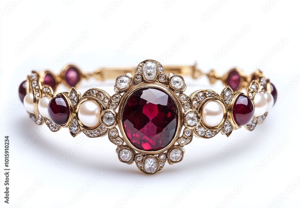 Beautiful gold bracelet with a red gem and white stones on an isolated background, close-up view. Retro style. Vintage jewelry for women. Generative AI