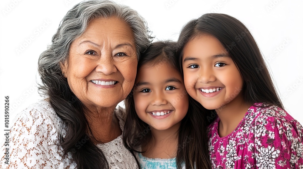 Latin grandmother daughter and daughter smiling on a white background Latin grandmother daughter and daughter smiling on a white background