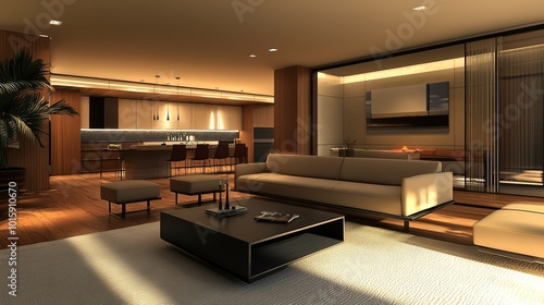 High-detail photo of a contemporary living room with an open floor plan, modern furniture, and clean lines 