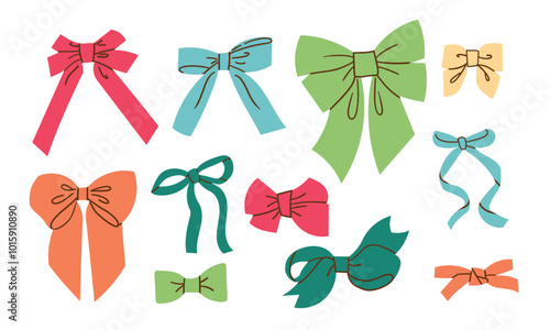 Vector Illustration of various girly vintage bow set. Bow for hair decoration flat. Ribbons isolated. Trendy girls accessories. Cute hairstyle elements collection