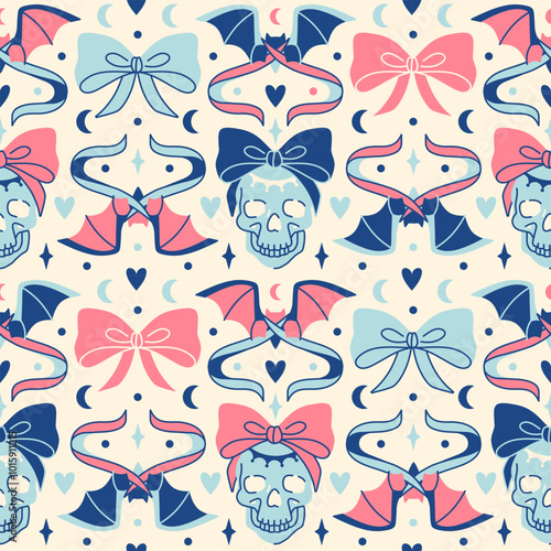 Playful Halloween spirit. Cute vector seamless pattern. Coquette core style wallpaper, gift wrap or fabric with spooky skulls, ribbon bows and funny bats. Sweet pink and cream palette
