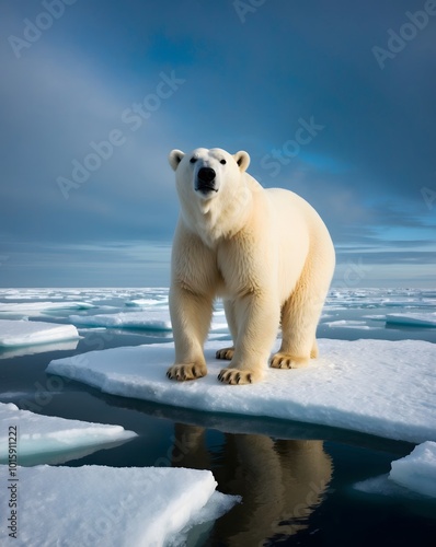 Polar bear on the blue ice. Bear on drifting ice with snow, white animals in nature habitat. At the poles with ice floes that are starting to melt due to global warming.