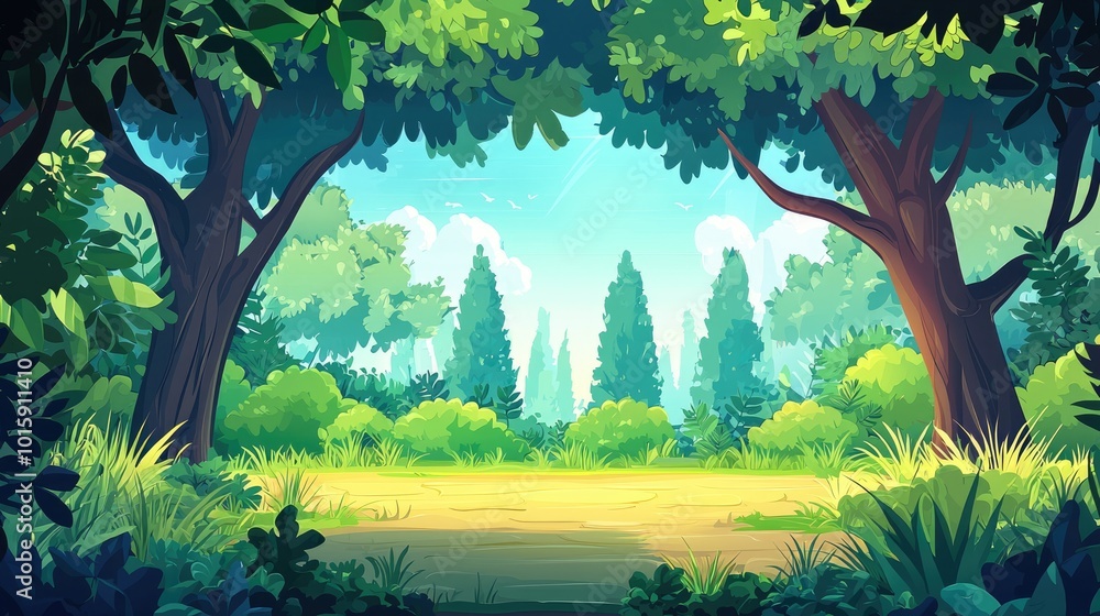 Obraz premium Lush Green Forest Path with Trees and Sunlight