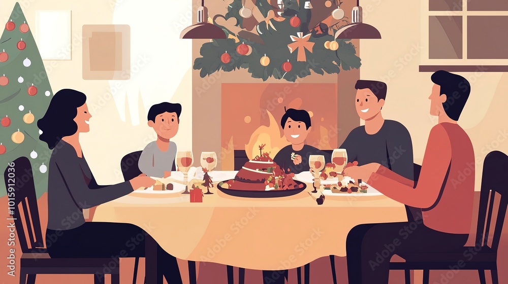Family Gathering Around Festive Holiday Dinner Table. Family Gathering Around Festive Holiday Dinner Table.