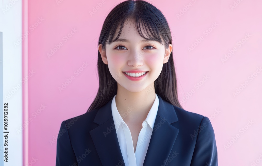 young Japanese woman in business attire stands with confidence against a pastel pink background, her posture and expression emphasizing a balance of professionalism. young Japanese woman in business attire stands with confidence against a pastel pink background, her posture and expression emphasizing a balance of professionalism.
