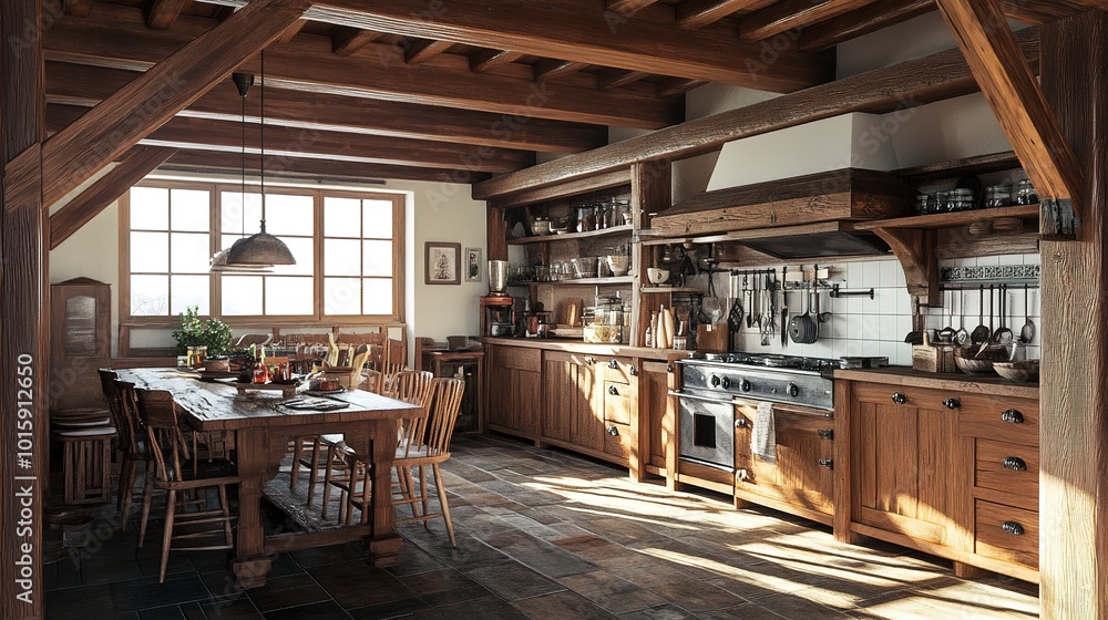 Fototapeta premium Cozy rustic kitchen featuring wooden beams, cabinets, and a large dining table. 