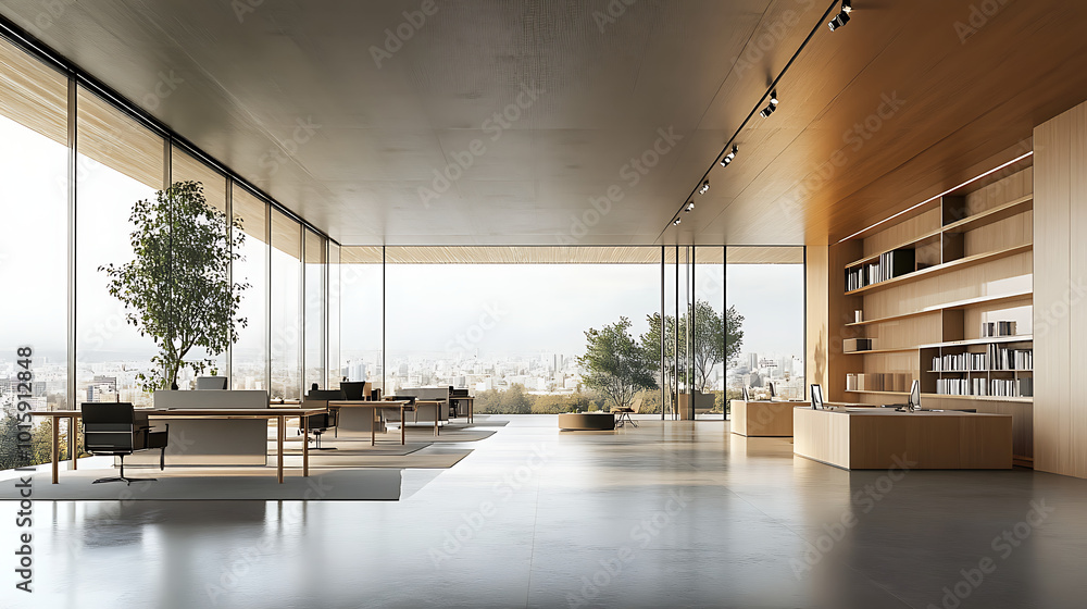 Modern open-space office interior with large windows showcasing a cityscape. Modern open-space office interior with large windows showcasing a cityscape.