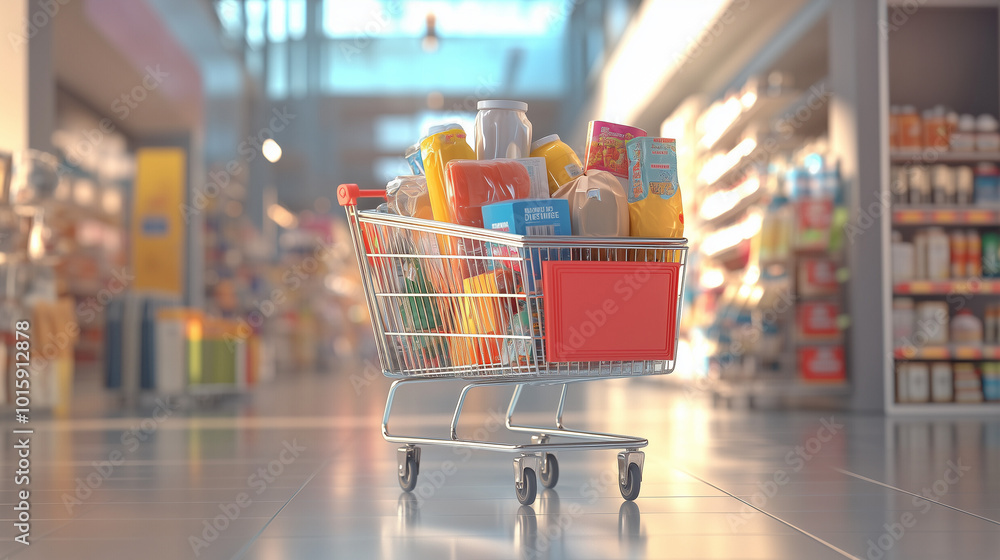 Full shopping cart in a bright supermarket aisle.