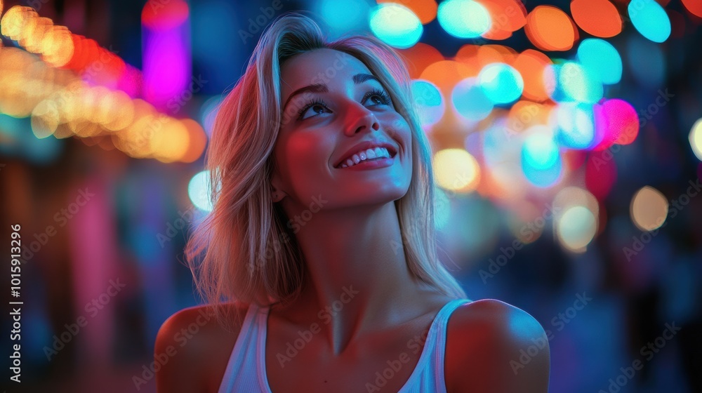 Fototapeta premium A joyful young blonde woman smiles brightly at a night festival, surrounded by vibrant, colorful bokeh lights. Her carefree expression captures the lively energy of the urban event.