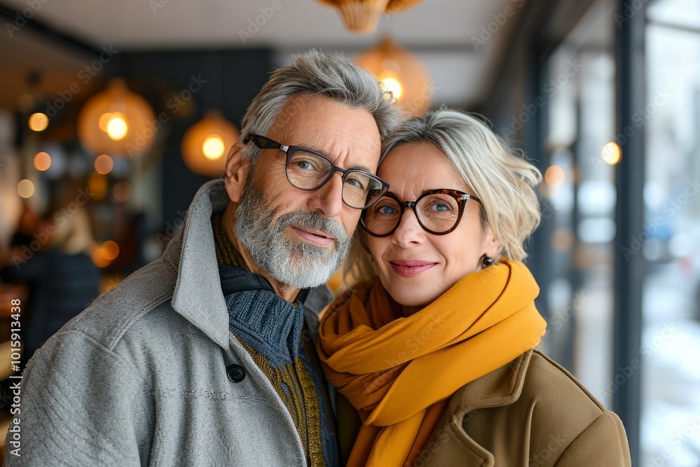 Portrait of happy senior couple in eyeglasses in cafe. Portrait of happy senior couple in eyeglasses in cafe.