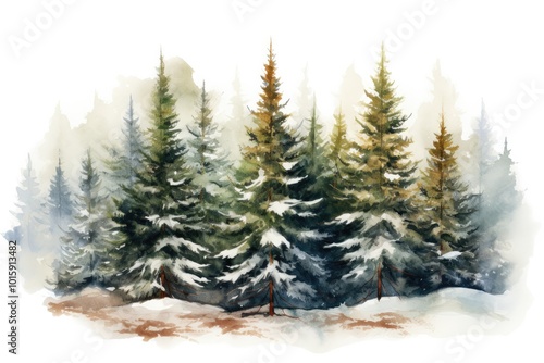 Winter watercolor illustration with fir trees on white background