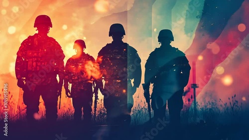 Four soldiers stand in silhouette against a colorful, abstract background, possibly representing the aftermath of battle