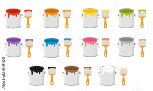 Set of colorful paint cans and paint brushes. Vector illustration.