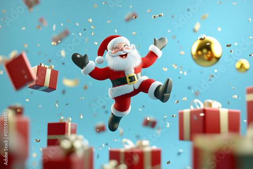 Happy santa claus jumping high among gift boxes.