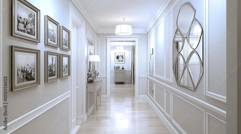 An elegant hallway with a family photo gallery and mirrors, showcasing beautiful interior design with ample copy space An elegant hallway with a family photo gallery and mirrors, showcasing beautiful interior design with ample copy space