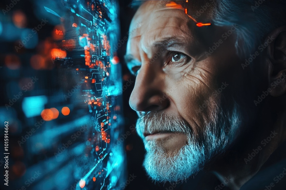 Close-up of a man looking at a digital screen. The image represents the future and how technology is changing the world. Close-up of a man looking at a digital screen. The image represents the future and how technology is changing the world.